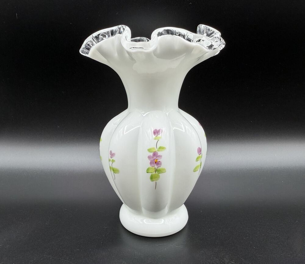 Fenton Milk Glass Violets in the Snow Silver Crest Ruffled Melon Vase 6” Signed